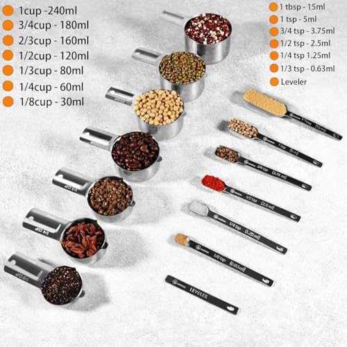 Stackable Stainless Steel & Plastic Measuring Cups & Spoons Set for Dry & Liquid Ingredients Cooking Baking