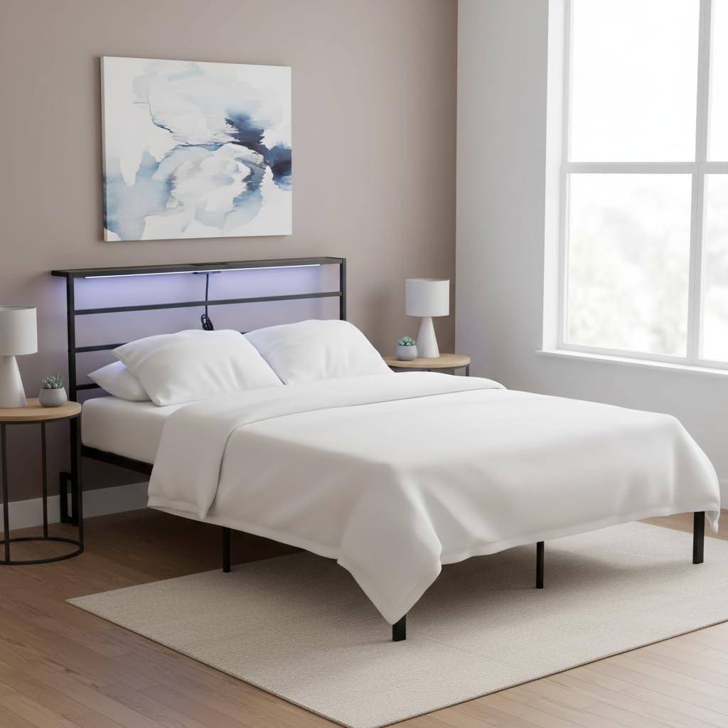 Modern Industrial Full Size Metal Platform Bed Frame with Smart RGB LED Headboard, USB Ports & Power Outlets, Storage Space Under Bed, Heavy Duty Steel Slats, No Box Spring Needed for Bedroom, Black