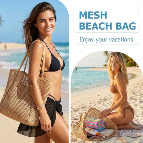 Image of Iioscre Beach Bag for Women, Causal Hobo Bag with Zipper Inner Pocket, Foldable Mesh Dive Duffle Bag for Vacation Essentials