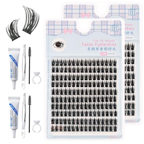MOZZARE 2 Pack Eyelash Clusters Kit - 320Pcs C Curl Eyelash Extensions 12mm Lash Clusters with Tweezers Mascara Brush Glue Glue Cup Ideal for Wispy Eyelash Cluster Creation