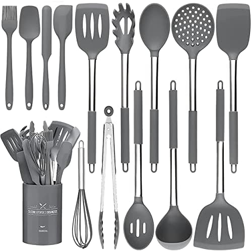 Raincol Kitchen Utensil Set, 15 Pieces Silicone Heat Resistant Non-Stick BPA Free Stainless Steel Handle Spatula Spoon Tongs Whisk Cookware (Grey)