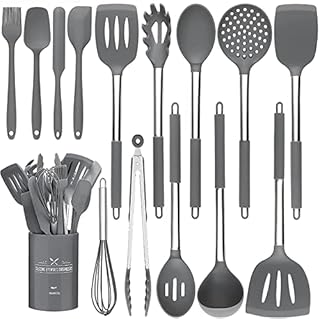 Raincol Kitchen Utensil Set, 15 Pieces Silicone Heat Resistant Non-Stick BPA Free Stainless Steel Handle Spatula Spoon Tongs Whisk Cookware (Grey)