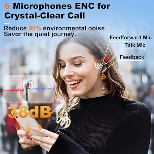 Image of Wireless Earbuds Bluetooth 5.4 In Ear Buds 6 Mic ENC Noise Cancelling Clear Calls, Deep Bass HiFi Stereo Sound Earphones 35H Playtime LED Power Display IPX7 Waterproof Headphones for Android iOS Black