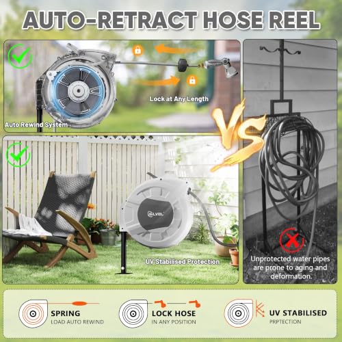 Image of SILVEL Automatic Retractable Garden Hose Reel on Metal Spike, 5 /8 in x 65ft Ground Mounted Outside, UV Resistant with 10 Pattern Nozzle, 360 Swivel, No Holes in Your House, Easy Installation