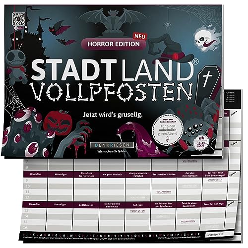DENKRIESEN - Stadt Land VOLLPFOSTEN® - Horror Edition - 'Jetzt wird's gruselig.' - DIN A4 Spielblock | ab 12 Jahren | 50 Blatt | Halloween | Partyspiel | Spaß | Spaß vorprogrammiert