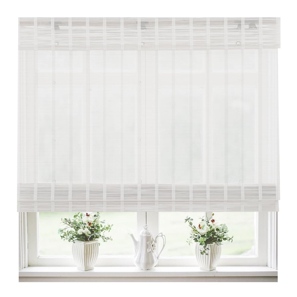 Sunbox Cordless Blackout Bamboo Roman Shades, Lined Natural Wood Woven Roll up Window Blinds with Valance, Whitewash Bamboo Shades for Home, Color 11