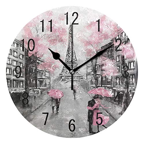 ALAZA Home Decor Oil Painting Paris Eiffel Tower Art Round Acrylic 9.5 Inch Wall Clock Non Ticking Silent Clock Art for Living Room Kitchen Bedroom