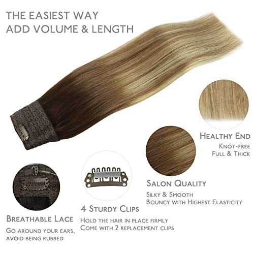Image of WENNALIFE Wire Hair Extensions Real Human Hair 18 inch 125g Ombre Walnut Brown to Ash Brown Bleach Blonde Remy Real Hair Extensions Invisible Wire Human