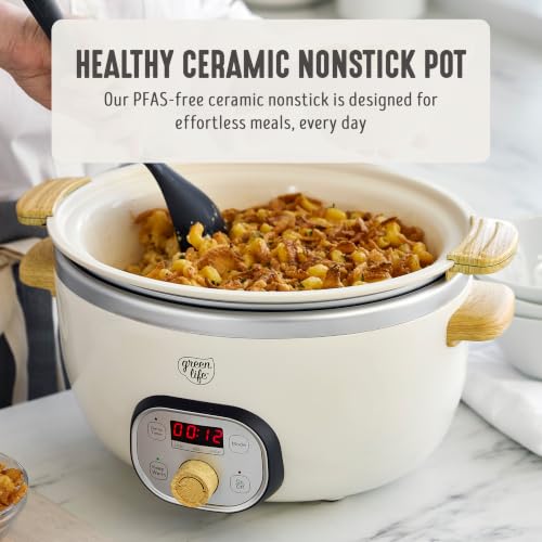 Image of GreenLife 6QT Slow Cooker, Non-Toxic PFAS-Free Ceramic Nonstick Removable Interior Bowl, Programmable, Family Friendly, Keep Warm, Stovetop & Oven Safe, Dishwasher Safe Crock, Timer, Glass Lid, Cream