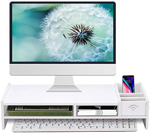 Monitor Stand Riser, Computer Laptop Riser Shelf with Organizer Drawer (White, 19″L x 8″W x 4″H)