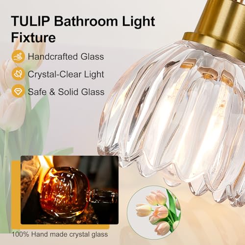 Image of 4-Light Bathroom Light Fixtures, 27 inch Brushed Gold Vanity Lights for Bathroom with Ribbed Clear Tulip Glass Shade, Vintage Bathroom Vanity Lighting Fixtures Over Mirror for Bedroom Living Room Hallway