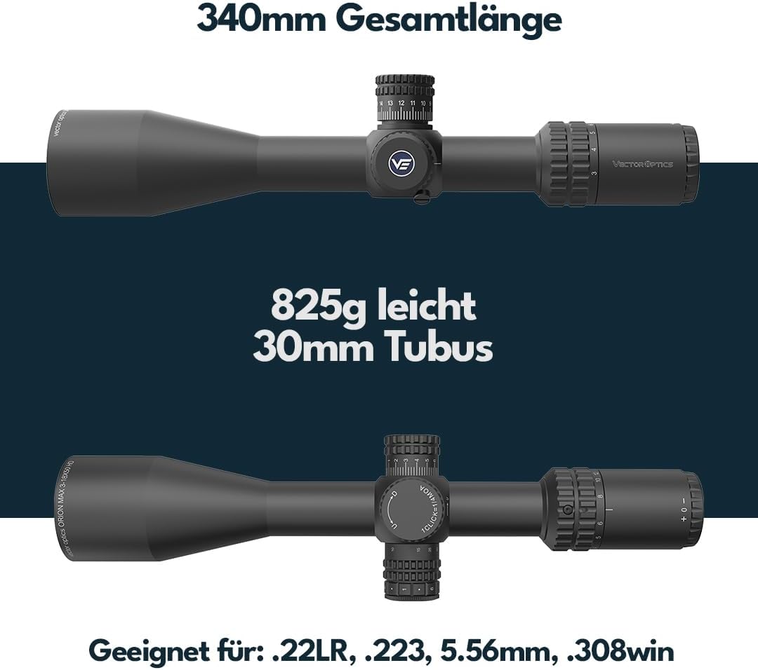 Physical dimensions and caliber compatibility of the Vector Optics Orion Pro Max rifle scope.