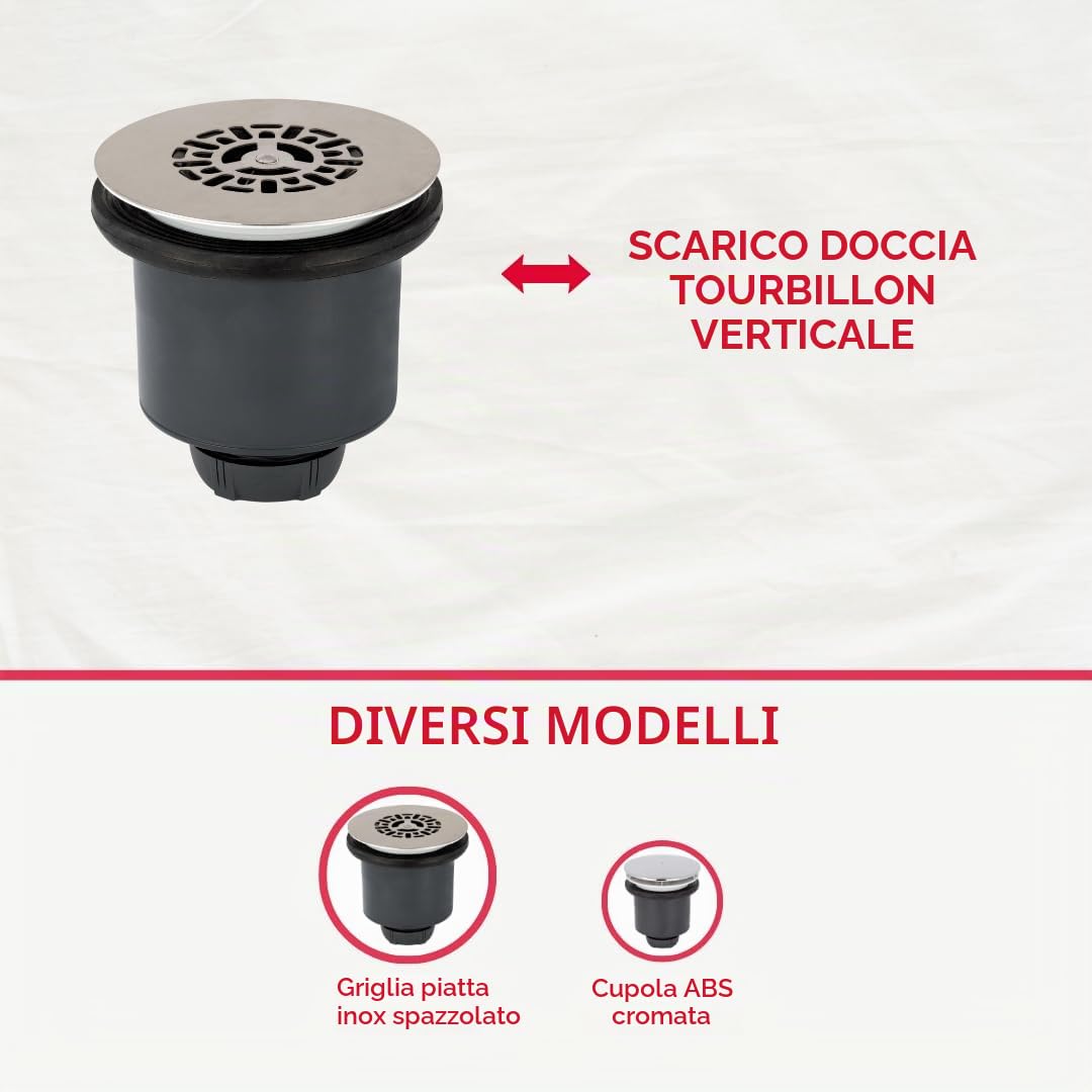 Wirquin 30723747 - Piletta per doccia Tourbillon Ø90 cromata con griglia piatta in acciaio inox e uscita verticale