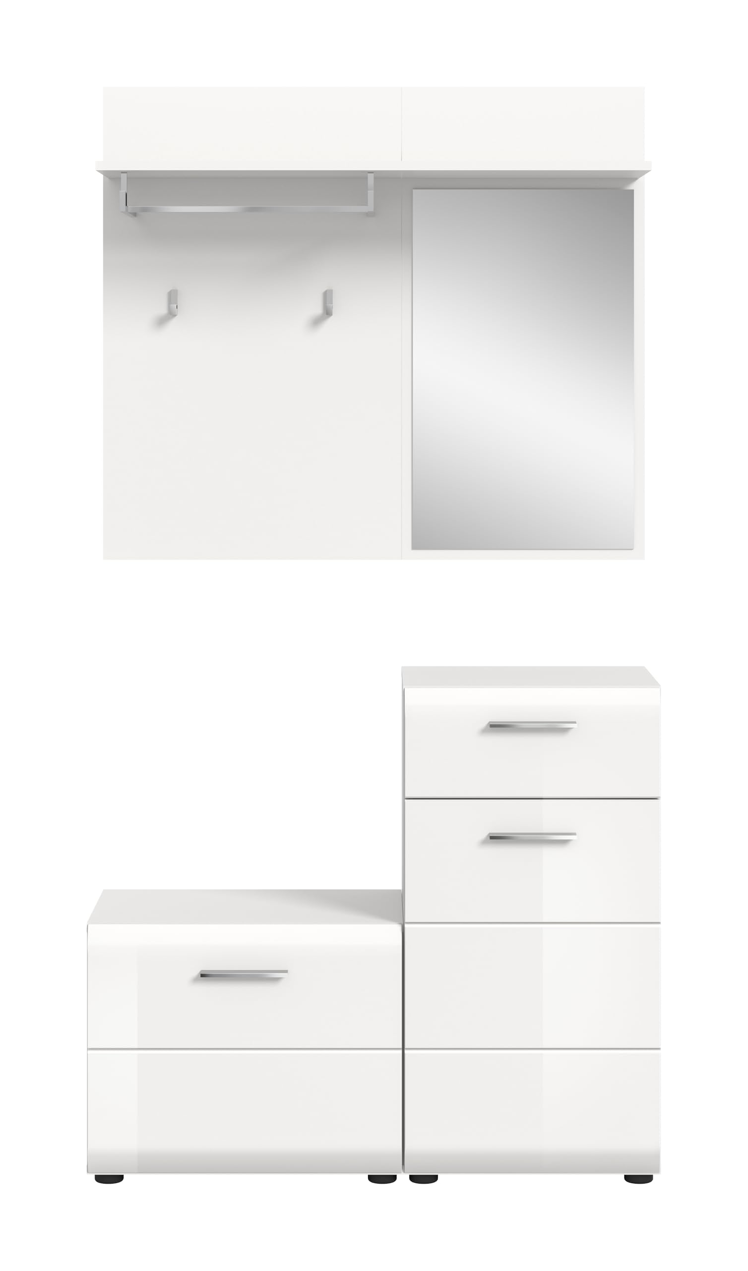 xonox.home - Garderobenkombination Ice 4 teilig 98x191x35 cm in Korpus weiß und Front weiß Hochglanz - Garderobenschrank Garderobenset Flurmöbel-Set Flursystem Stauraumlösung