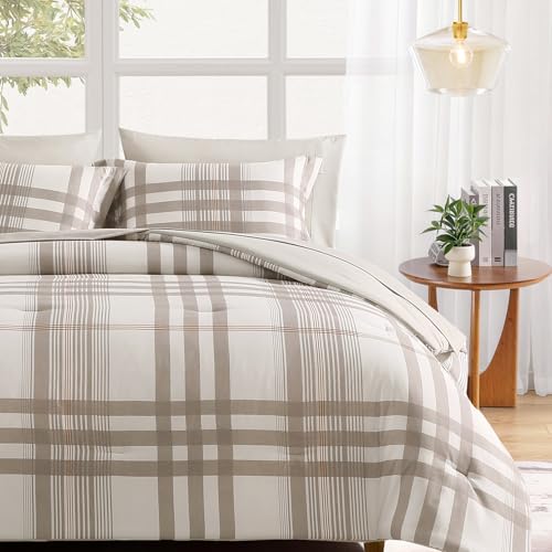 Image of MaiReve Full Size Comforter Set Brown Grey, Classic Plaid Farmhouse Bedding Sets 7 Pieces, All Season Lightweight Bed in a Bag with Sheets, Pillowcases & Shams