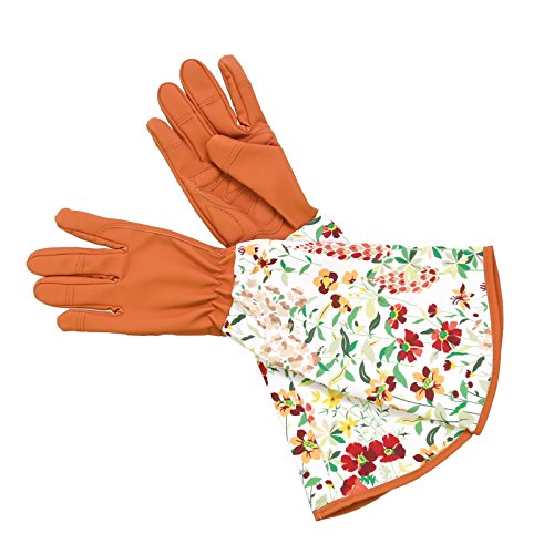 Brown Leather Gardening Gloves With Thorn Proof Garden Gauntlet,With Long Polyester Print Floral Sleeves,For Ladies Gardening,Pruning, Picking,Trimming, Yard Work And So On