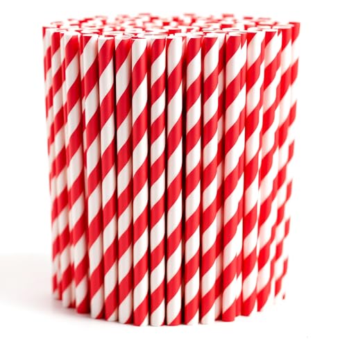 100-Pack Biodegradable Paper Straws – Thick & Non-Soggy – Plastic-Free, Recyclable, Durable Drinking, Juice, Coffee, and Cold Drinks Eco-Friendly Stripped Straws for Party - Red & White