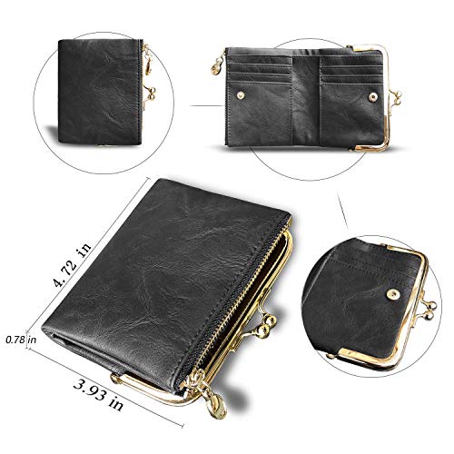 Image of AOXONEL Womens Wallet Small Rfid Ladies Compact Bifold Leather Vintage Coin Purse With Zipper and Kiss Lock, Grey, Small, Vintage