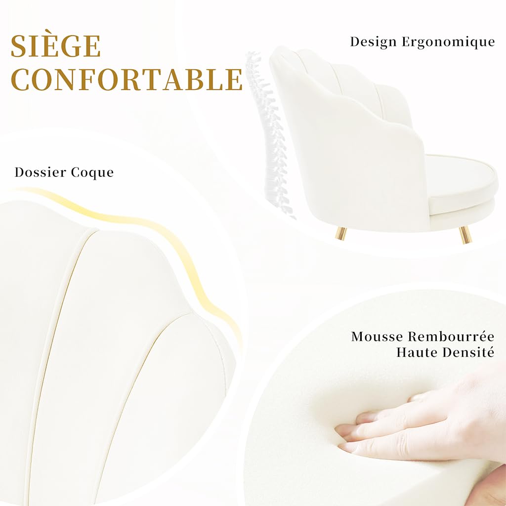 Hellove Chaise Coiffeuse, Chaise Coquillage Velours avec Pieds en Métal l'or, Fauteuil Salon Confortable, Fauteuil Lecture, Chair pour Salon, Chambre, Tabouret Coiffeuse, Beige