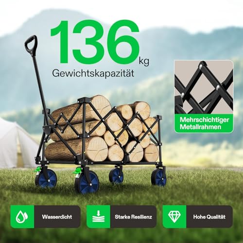 VIVOSUN 200L XXL Bollerwagen Faltbar mit Bremsen, 136kg Tragkraft, Klappbarer Handwagen mit 360°drehbare Räder für alle Gelände, Gartenwagen für Camping, Garten, Sport, Picknick, Einkaufen, Blau – Bild 4