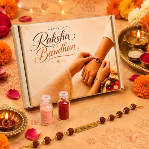 Image of Thebaegift Personalized Rudraksh Rakhi With Name | With Name Customization | Rakhi Combo For Brothers | Best Raksha Bandhan Gift | Name Rakhi For Bhaiyya