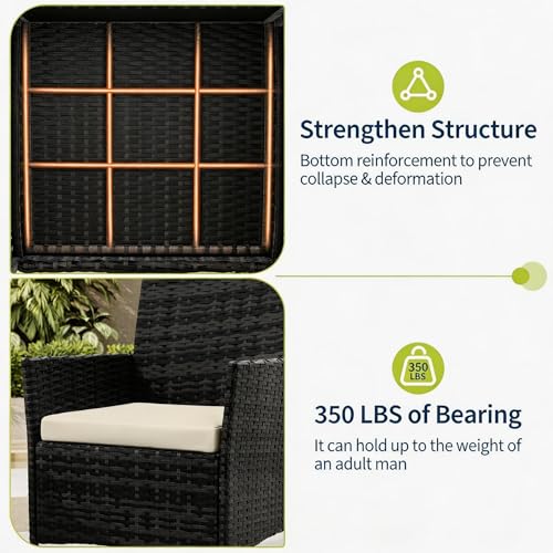 Image of GAOMON 3-Piece Patio Bistro Conversation Set, PE Rattan Wicker Outdoor Furniture - 2 Cushioned Chairs & Tempered Glass Coffee Table - All-Weather for Balcony /Porch /Yard - Black /Grey /Brown & Beige