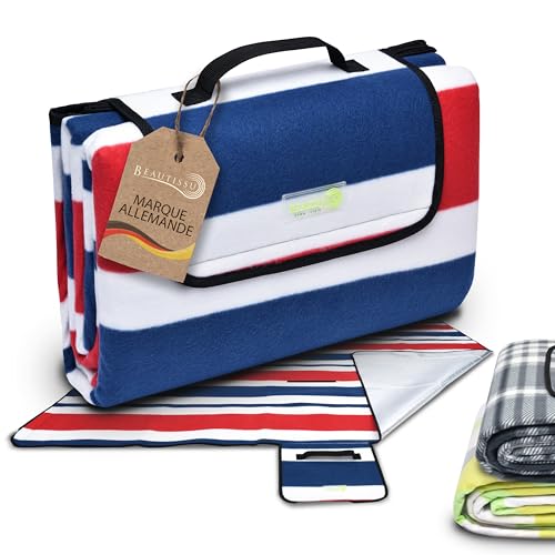Beautissu Couverture Pique Nique Impermeable 200x200 cm Bleu & Rouge Bella – Plaid Tapis Pique Nique Nappe Picnic Portable pour Camping, Jardin Couverture de...
