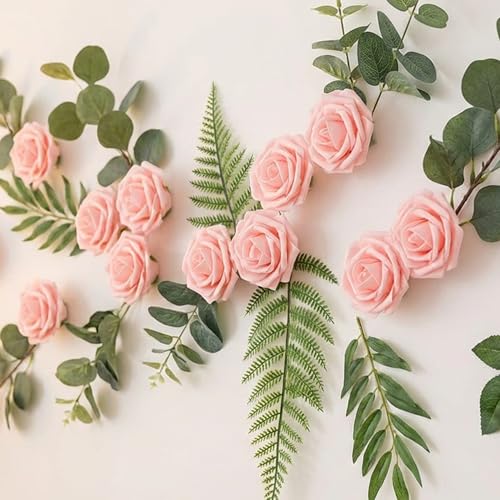 Image of 100Pcs Realistic Light Pink Artificial Rose Flower Heads, Foam Fake Roses for DIY Wedding Decorations Baby Shower Centerpieces Home Party Valentine's Day Mother's Day Decor