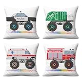 Monster Trucks Pillow Covers, Throw Pillow Covers 18x18, Pack of 4 Zipper Pillow Cases, Firetruck Garbage Truck Ambulance Police Car Pillow Protectors, Bed Playroom Nursery Boys Room Decor Pillowcase