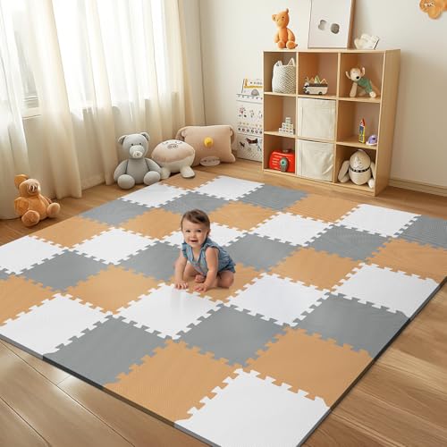 36Pcs Baby Play Mat for Floor, Foam Floor Tiles for Kids with Interlocking, Squares Foam Puzzle Carpet for Playroom,Crawling Rug for Babies 6-12 Months,Toddlers,11.8*11.8*0.6In Each,Grey White Brown by PIGLOG - Used condition - US$51.44
