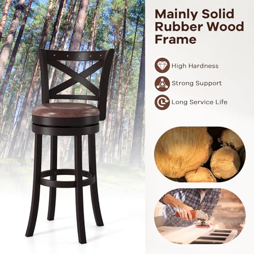 COSTWAY Set de 2 Butacos de Bar Giratorios de 30" con Tachuelas de Cobre, Asiento Tapizado y Respaldo en X, Estructura de Madera Maciza de Caucho miniatura 6