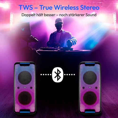 MEDION PX-1 Plus Partybox (Akku, mit Mikrofon, tragbarer Bluetooth Lautsprecher groß, Musikbox, Verschiedene Lichteffekte, Partylautsprecher mit Karaoke, 2 x Mikrofonanschluss, AUX, USB)