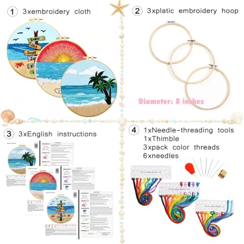 Image of Beach Embroidery Kits for Beginners Adults, Coastal Hand Embroidery Set Needlepoint Kits, Sea Sunrise Stamped Cross Stitch Kits for Beginner Adults, 3 Embroidery Hoop, Fabric (Attached Video Tutorial)