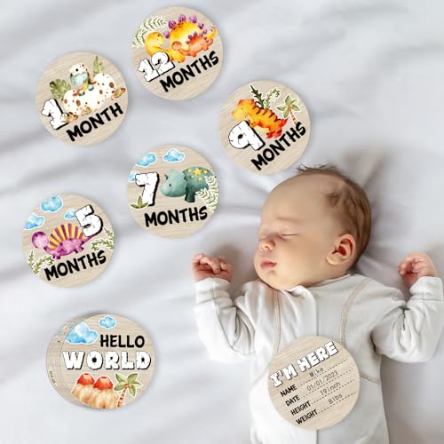 Image of Dinosaur Baby Monthly Milestone Circles, Baby Months Wooden Disc Stuff for Baby Photo Takens with Hello World Name Signs - 7Pcs Double Sides Round Circles Signs for Documenting Growth