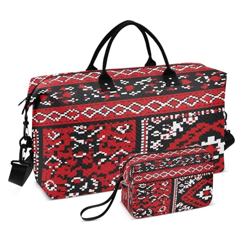 Weekender Bags Travel Duffel Gym Bag Red Black Aztek Geometry Pattern Carry on Overnight Tote Bag with Toiletry Bag for Airplane Travel Trip Gym Yoga