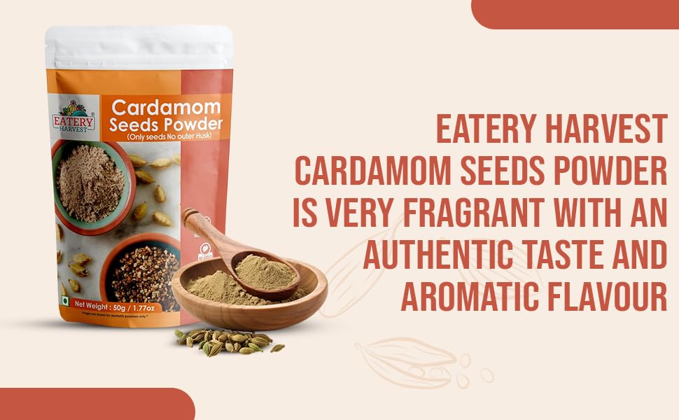 Image of Eatery Harvest by Saipro Cardamom Seed Powder(Without outer husk) 50 g, Elaichi powder, Festive ready, Finely Ground, Organic, Non-GMO, Gluten Free, Vegan, Fragrant, Authentic Taste, Aromatic Flavour For Sweets Bevarages & Savoury dishes