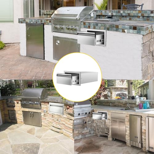 Image of Outdoor Kitchen Drawers 14 inch W x 8.5 inch H x 23 inch D Flush Mount Single BBQ Drawers Built-in Stainless Steel Drawer for Outdoor Kitchen Island, Patio Grill Station