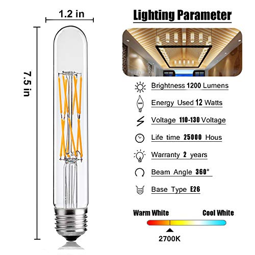 Leools T10 Led Bulbs,12W Dimmable Tubular Led Bulb,100 Watt Equivalent Edison Style Vintage Led Filament Light Bulb, E26 Long Tube Bulb,2700K Soft Warm White,7.3In(185Mm),3-Pack. #TOP2