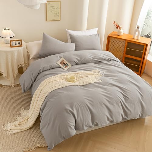 Image of ECOCOTT Light Grey Duvet Cover Queen Size - 100% Washed Cotton Linen Feel Super Soft Comfortable Lightweight 3 Pcs Home Bedding Set with Zipper Closure