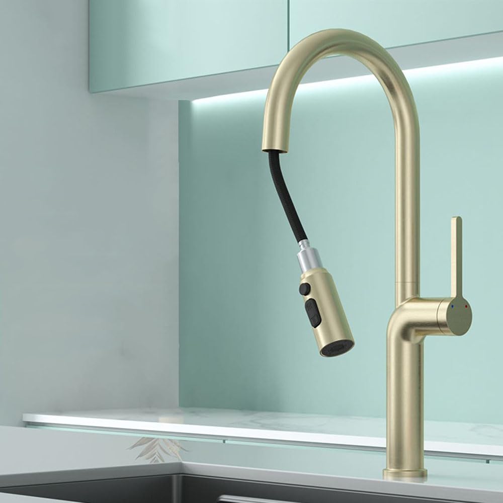 BHFPFZA Brushed d Kitchen Sink Tap - Pull Out Spray Swivel 3 Mode Hot & Cold Water Brass Kitchen Mixer Faucet for Modern Kitchens