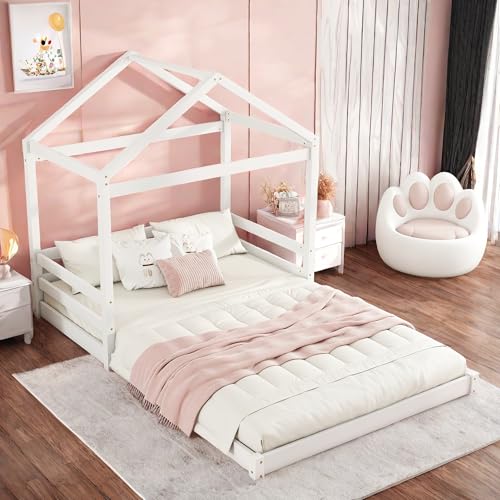 Sapgaks Lit Cabane Enfant 140x200, Superposé, Mezzanine 1 Place, Avec Barrière, Pour Garçon Fille, En Forme de Maison Avec Sommier à Lattes, Blanc (Sans...