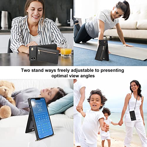 Vofolen For Iphone X Case Zipper Wallet Cover With Credit Card Holder Lanyard Crossbody Strap Women Girls Leather Magnetic Clasp Kickstand Heavy Duty Protective Flip Cover For Iphone X/Xs 5.8" Black #TOP6