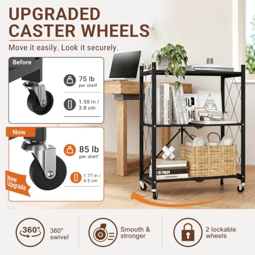 Image of black leopard 3-Tier Foldable Metal Storage Shelf with Wheels, Black | Foldable Design; 85 lb Capacity per Shelf; Preassembled Frame; Lockable Casters; Reinforced Metal Construction