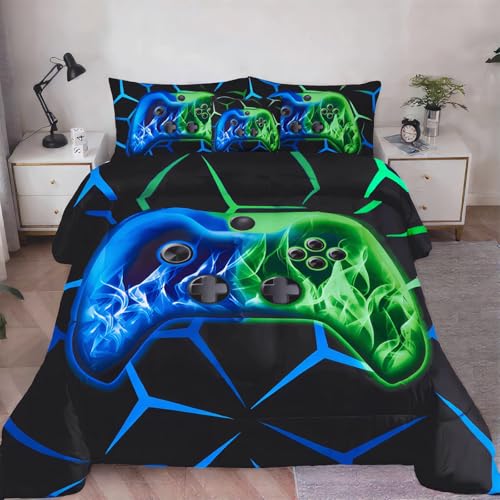 Image of ZRNBAST Blue Green Gamer Comforter Set Queen Size Boys Gaming Bed in a Bag