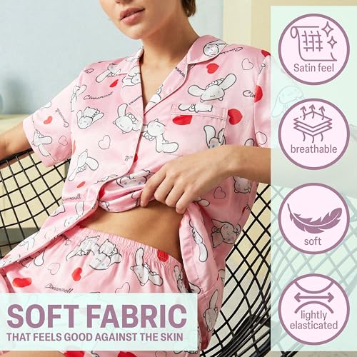 Image of Get Trend Hello Kitty | Kuromi | Pusheen Women's Pajama Sets, 2 Piece Button Up Shirt & PJ Shorts, Soft Kawaii Lounge Sets