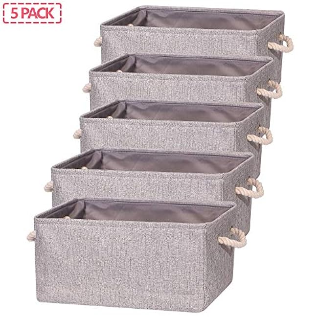 5 Pack Large Storage Basket Bin, Foldable Storage Cube Box Canvas Fabric Collapsible Organizer with Handles for Closet Home Office Clothes Shelf, Grey