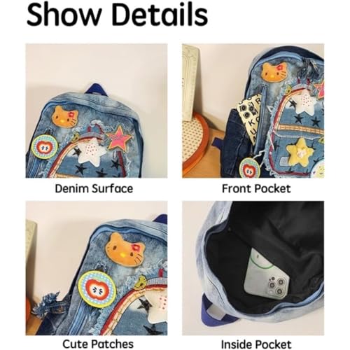 Y2K Denim Backpack with Plushies and Patches Cute Preppy Blue Denim Backpack for Women 14 Laptop Compatible Multi-Sport Star Theme4