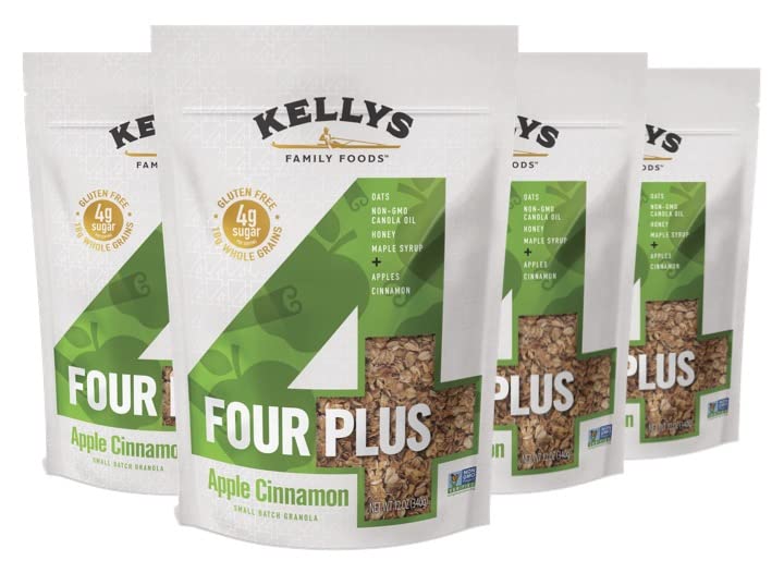 Image of Kelly's Four Plus Granola Cereal | Apple Cinnamon Healthy Granola for Yogurt | Hand Made Snacks for Breakfast - 12 oz (Pack of 4)