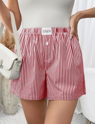 Image of LOMON Boxer Shorts for Women Summer Gingham Pajamas 2026 Lounge Sleep Pj Plaid Shorts Y2K Beach Bottoms with Pockets