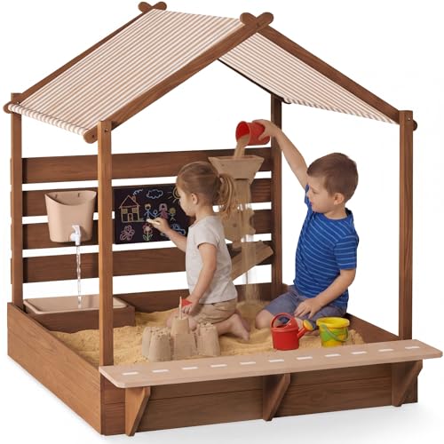 Best Choice Products Sandbox with Canopy, Extra Large Wooden Kids Sand Box with Cover, Water Table & Sink, Chalkboard, Bench Seating w/ 110 lb Capacity, Outdoor Backyard Playset​ - Beige